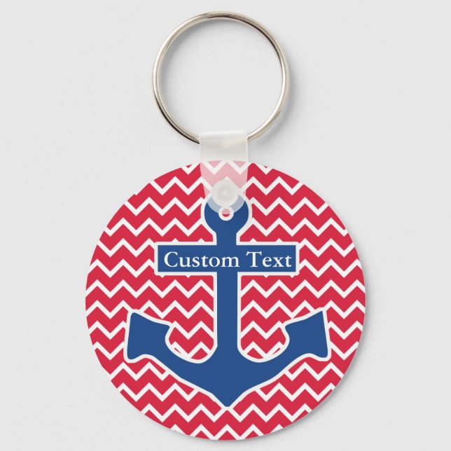 Nautical Blue Anchor on Red Chevron Background Key Ring (Front)