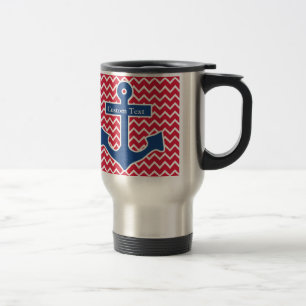 Nautical Blue Anchor on Red Chevron Background Travel Mug