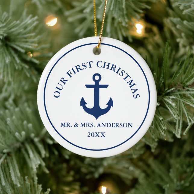 Nautical Blue Anchor Our First Christmas Ceramic Ornament (Tree)