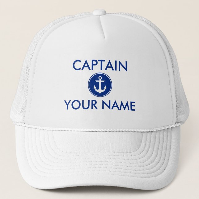 Nautical Blue Anchor Personalise Captain Hat W (Front)