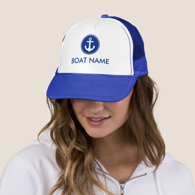 Nautical Blue Anchor Personalised Boat Hat Blue (In Situ)