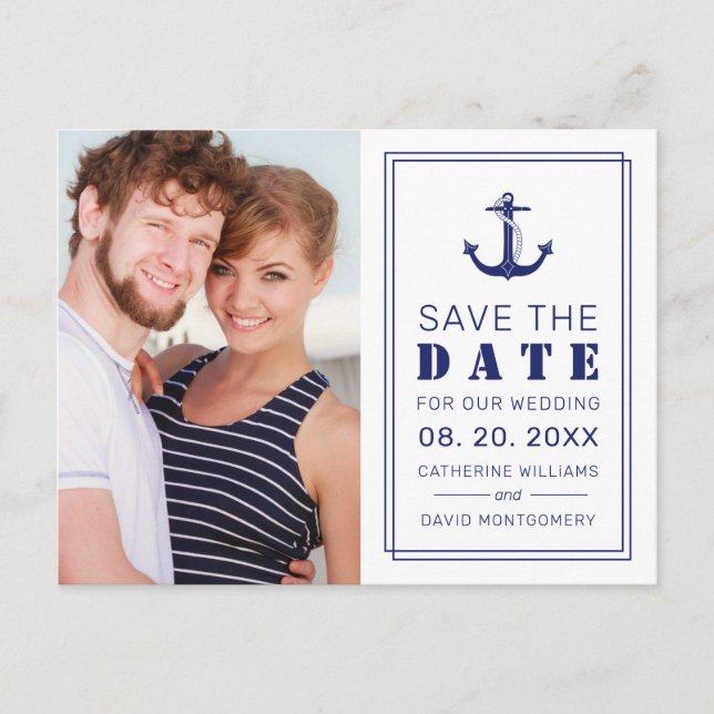 Nautical Blue Anchor Photo Wedding Save the Date Announcement Postcard (Front)