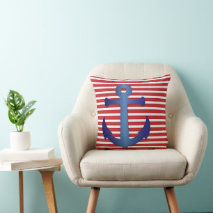 Nautical Blue Anchor Red White Striped Stripes Cushion