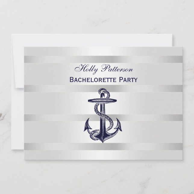Nautical Blue Anchor Silver Wt BG H Bachelorette Invitation (Front)