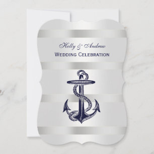 Nautical Blue Anchor Silver Wt BG V Wedding Invitation
