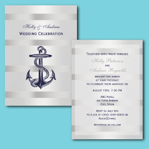 Nautical Blue Anchor Silver Wt BG V Wedding Invitation