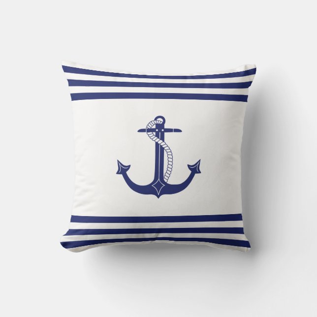 Nautical Blue Anchor Simple Navy and White Stripes Cushion (Front)