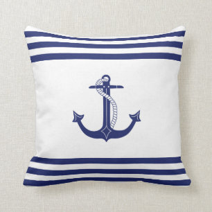 Nautical Blue Anchor Simple Navy and White Stripes Cushion