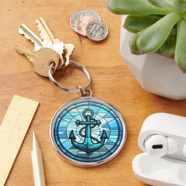 Nautical Blue Anchor Stained Glass Key Ring (Desk)