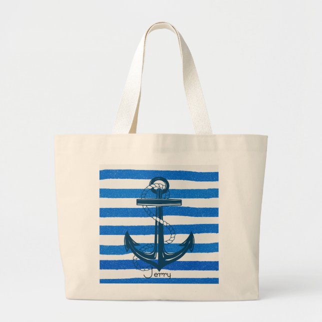 Nautical Blue Anchor Striped Large Tote Bag (Front)
