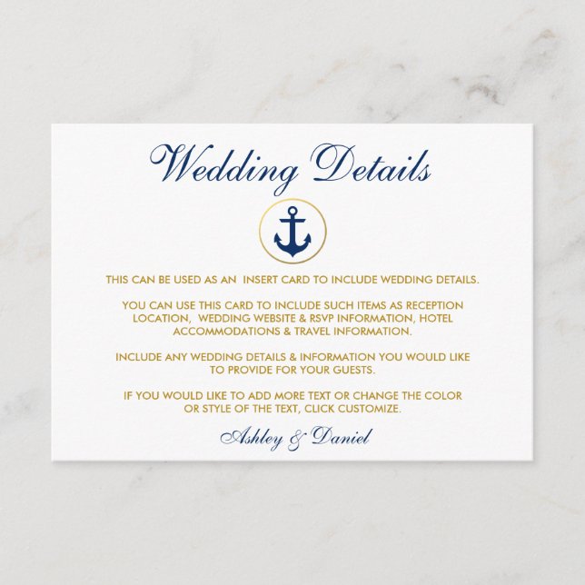 Nautical Blue Anchor Wedding Details Insert Card (Front)