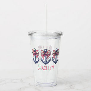 Nautical Blue Anchor With Red and White Stripe Bow Acrylic Tumbler