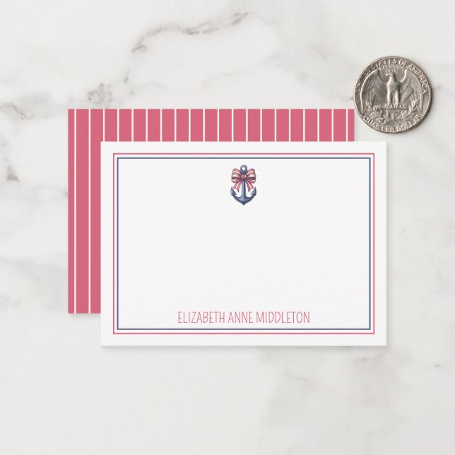 Nautical Blue Anchor With Red and White Stripe Bow Card (Front/Back In Situ)