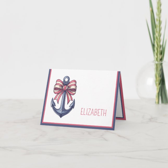 Nautical Blue Anchor With Red and White Stripe Bow Note Card (Front)