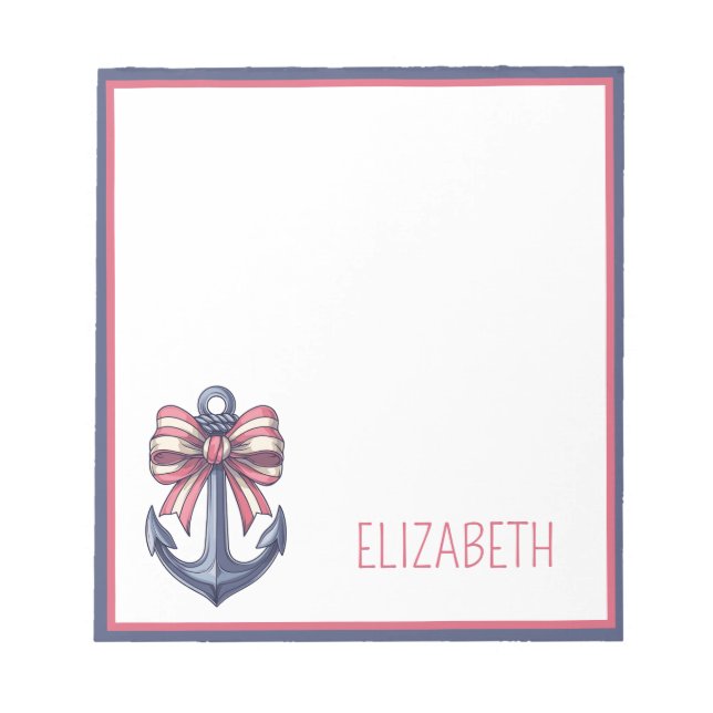 Nautical Blue Anchor With Red and White Stripe Bow Notepad (Front)