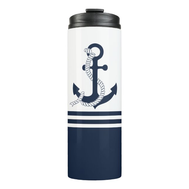Nautical blue anchors with blue and white stripes thermal tumbler (Front)