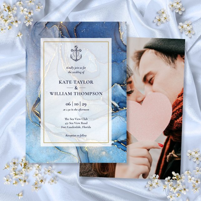 Nautical Blue And Gold Agate Anchor Wedding Photo Invitation (Nautical Blue And Gold Agate Anchor Wedding Photo Invitation)