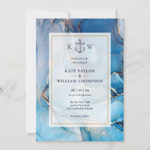Nautical Blue And Gold Agate Monogram Wedding  Invitation