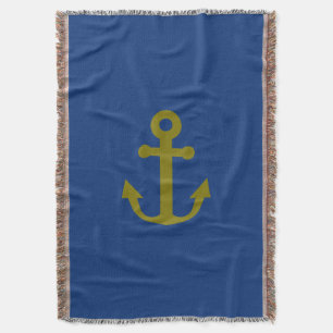 Nautical Blue And Gold Anchor Throw Blanket