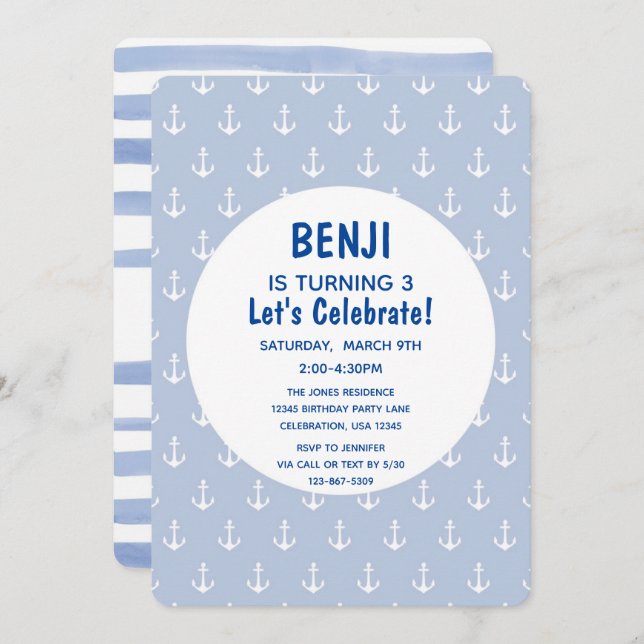 Nautical Blue and Navy Anchor Birthday Invitation (Front/Back)
