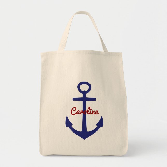 Nautical Blue and Red Personalised Anchor Tote Bag (Front)