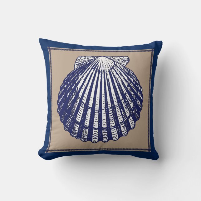 Nautical Blue and Sand Scallop Shell Pillow (Front)