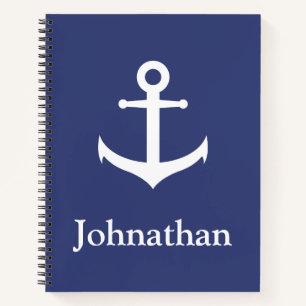 Nautical Blue and White Anchor Pattern Back Name Notebook