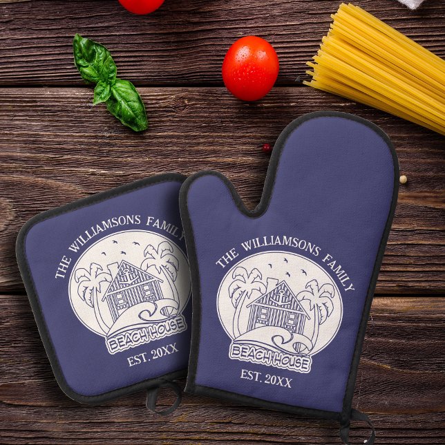 Nautical Blue and White Family Beach House Anchor  Oven Mitt & Pot Holder Set (Creator Uploaded)