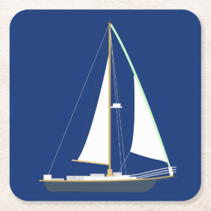 Nautical Blue And White Sailboat - Ocean Beach Square Paper Coaster