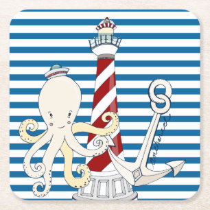 Nautical Blue and White Strip Paper Coasters