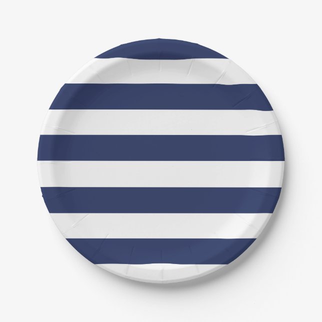 Nautical Blue And White Striped Paper Plate (Front)
