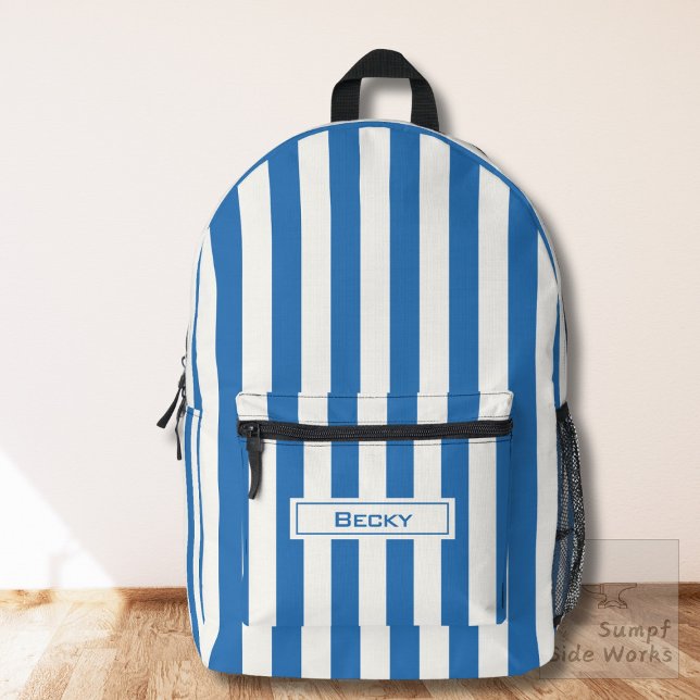 Nautical Blue and White Stripes and Name Printed Backpack (Creator Uploaded)