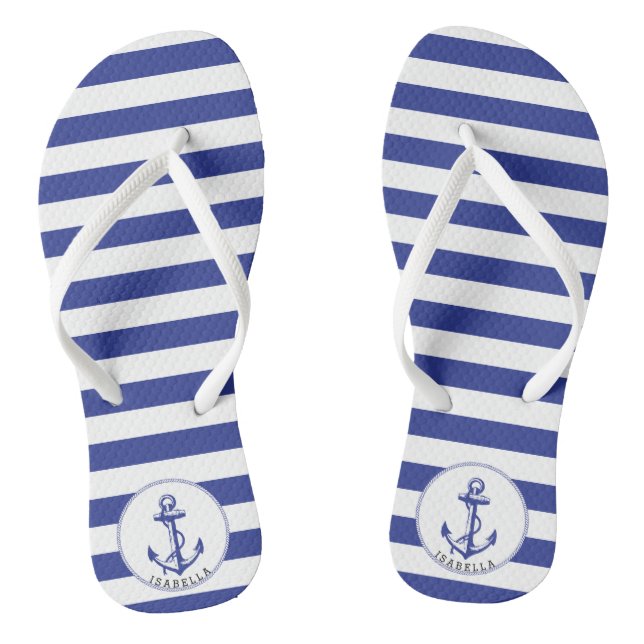 Nautical Blue and White Stripes Thongs (Footbed)