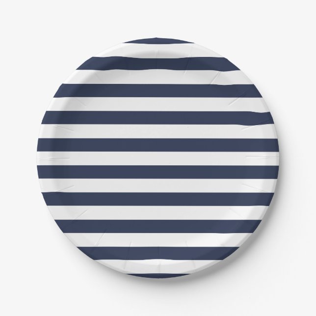 Nautical Blue And White Stripes Wedding / Party Paper Plate (Front)