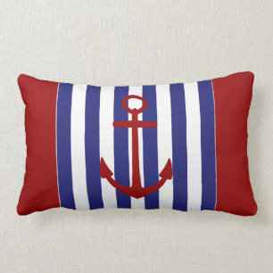 Nautical Blue and White Stripes with Red Anchor Lumbar Cushion