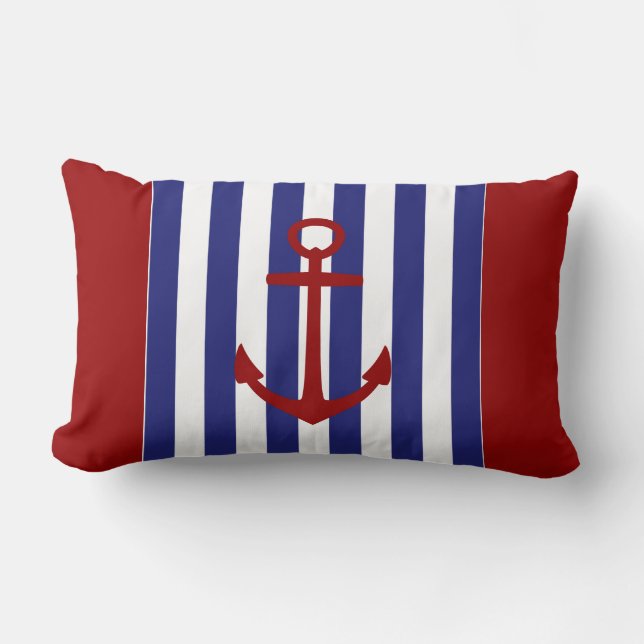 Nautical Blue and White Stripes with Red Anchor Lumbar Cushion (Front)
