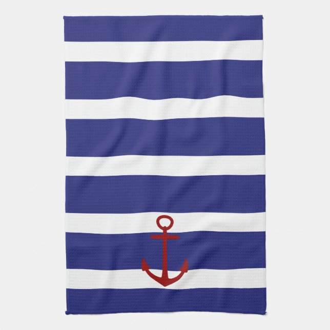 Nautical Blue and White Stripes with Red Anchor Tea Towel (Vertical)