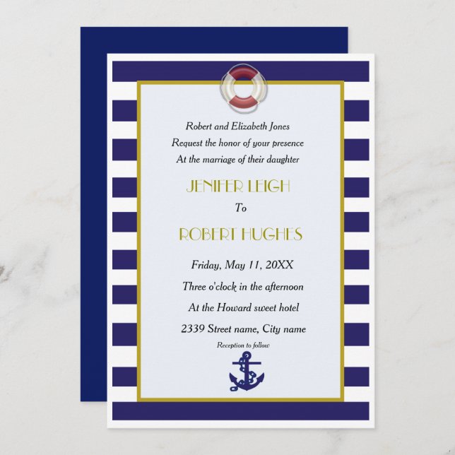 Nautical blue and white wedding invitation (Front/Back)