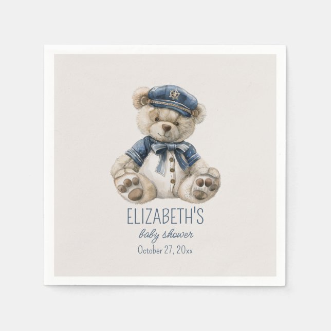 Nautical Blue Baby Bear Baby Shower Napkin (Front)