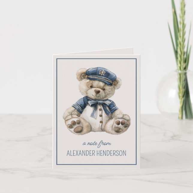 Nautical Blue Baby Bear Personalised Note Card (Front)