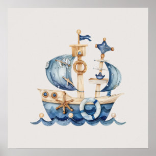 Nautical Blue Baby Boy Sailing Ship Poster