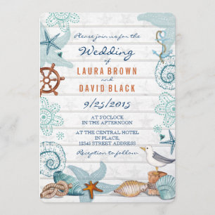 Nautical blue Beach sand shells Wedding Invitation