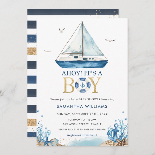 Nautical Blue Boat Ahoy It's a Boy Baby Shower Invitation (Front/Back)