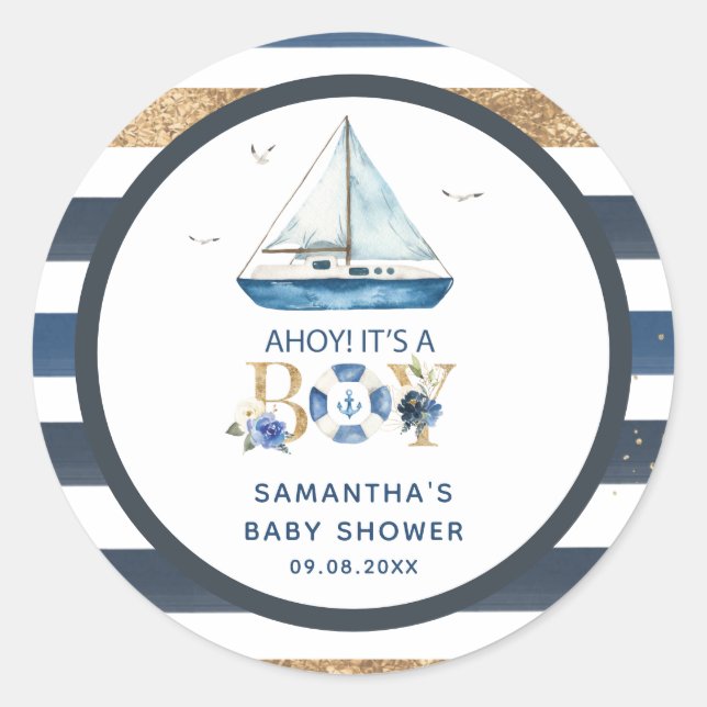 Nautical Blue Boat Ahoy It's a Boy Shower Favour Classic Round Sticker (Front)