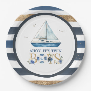 Nautical Blue Boat Ahoy It's Twin Boys Baby Shower Paper Plate