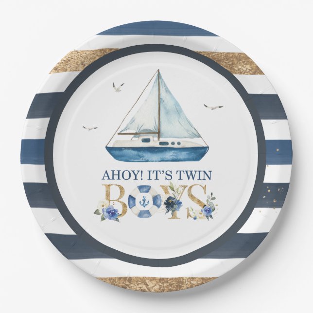 Nautical Blue Boat Ahoy It's Twin Boys Baby Shower Paper Plate (Front)