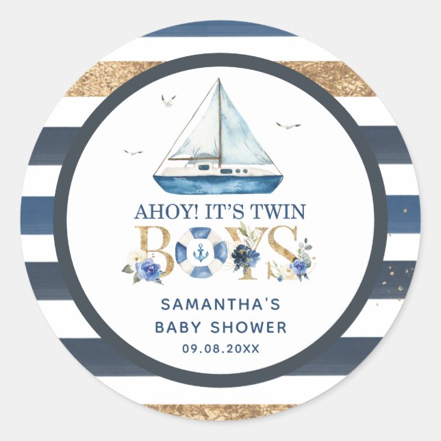 Nautical Blue Boat Ahoy It's Twin Boys Favour Classic Round Sticker (Front)