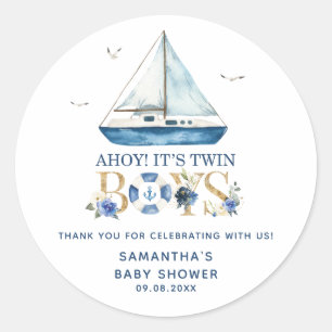 Nautical Blue Boat Ahoy It's Twin Boys Favours Classic Round Sticker