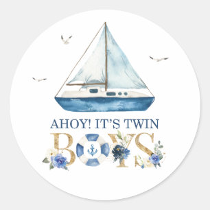 Nautical Blue Boat Ahoy It's Twin Boys Thank You Classic Round Sticker