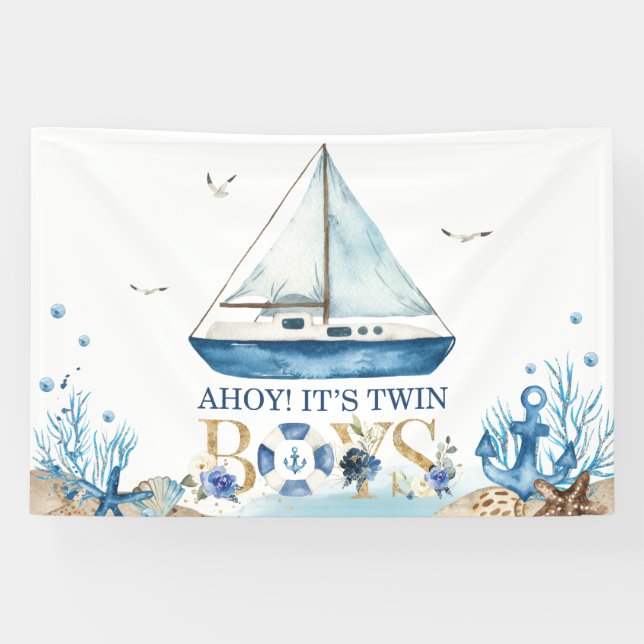 Nautical Blue Boat Baby Shower Ahoy It's Twin Boys Banner (Horizontal)